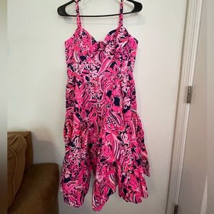 Lilly Pulitzer Adalia Knee Length Dress in Low Tide Navy Flirty Fins & Feathers